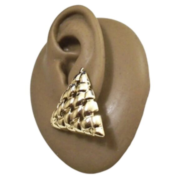 Triangle Basketweave Disc Pierced Stud Earrings Gold Tone - Picture 3 of 4
